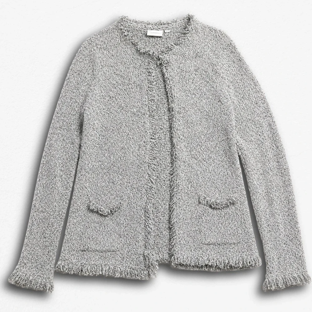 Ett Twa Anthropologie‎ Grey White Marled Fringe Open Front Knit Cardigan Medium